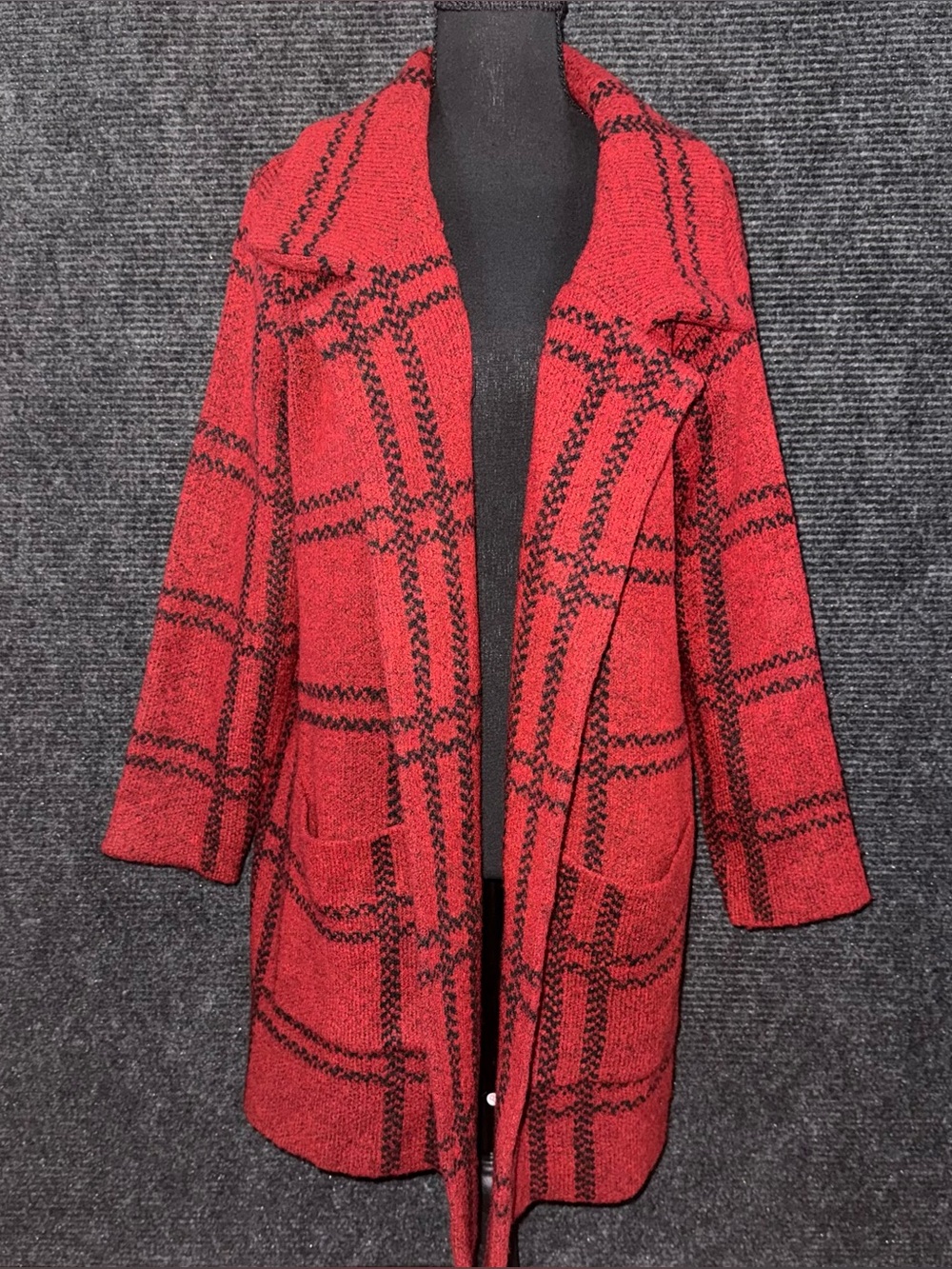 Farmers Market Red Black Plaid Knit Open Front Longline Cardigan Sweater S Cabin